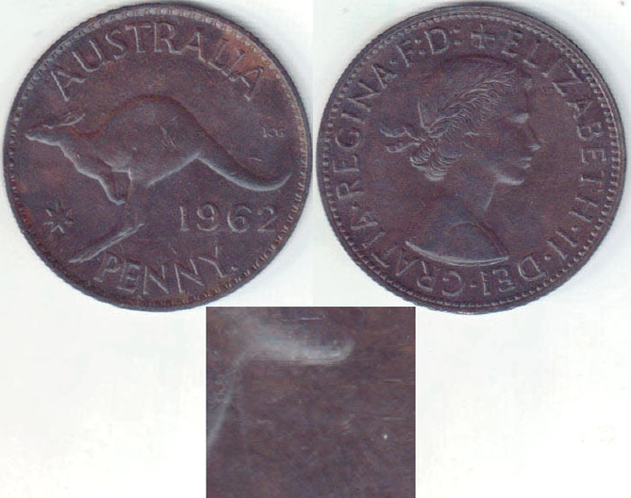 1962 Australia Penny (dot before P-bearded Queen) aEF A002263